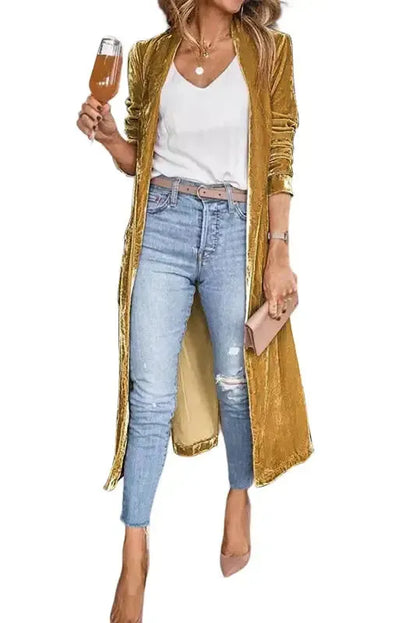 Velvet Open Front Pocketed Long Duster Cardigan Women UK