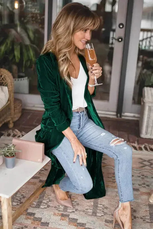 Velvet Open Front Pocketed Long Duster Cardigan Women UK