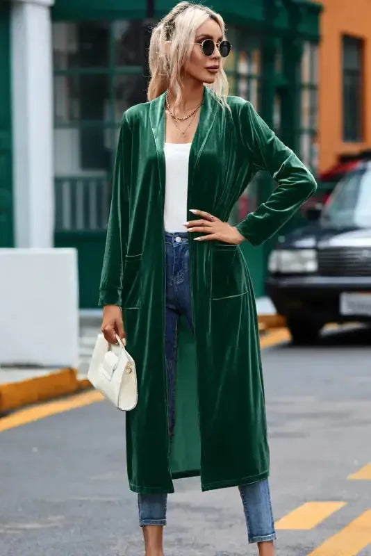 Velvet Open Front Pocketed Long Duster Cardigan Women UK