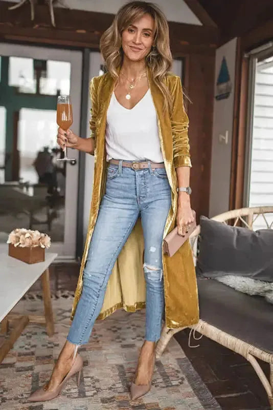 Velvet Open Front Pocketed Long Duster Cardigan Women UK