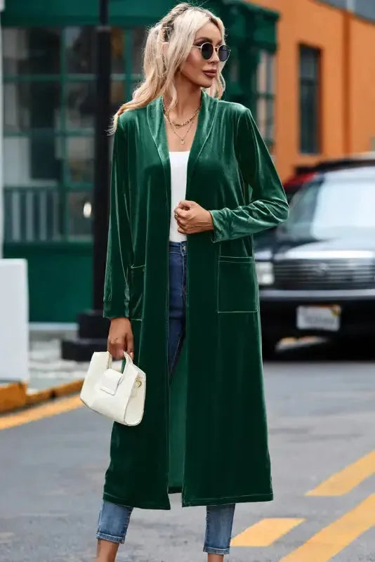 Velvet Open Front Pocketed Long Duster Cardigan Women UK