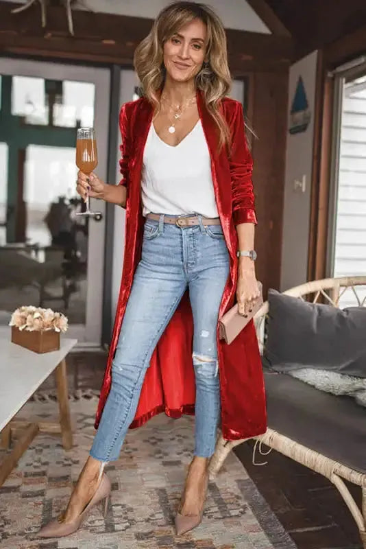 Velvet Open Front Pocketed Long Duster Cardigan Women UK