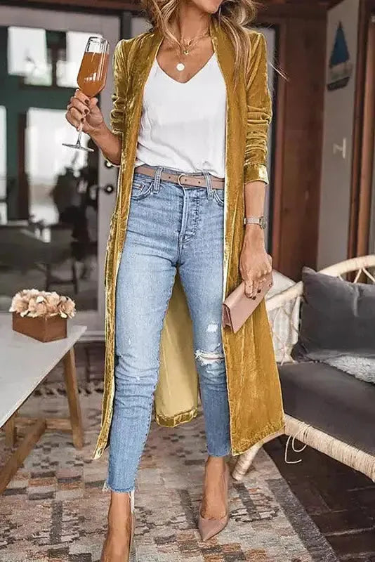Velvet Open Front Pocketed Long Duster Cardigan Women UK