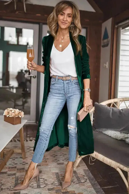 Velvet Open Front Pocketed Long Duster Cardigan Women UK