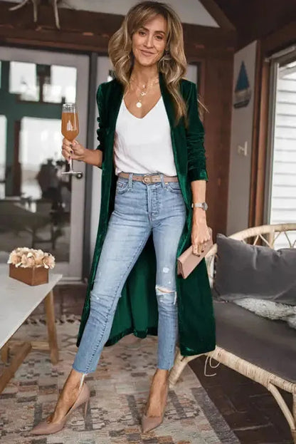 Velvet Open Front Pocketed Long Duster Cardigan Women UK