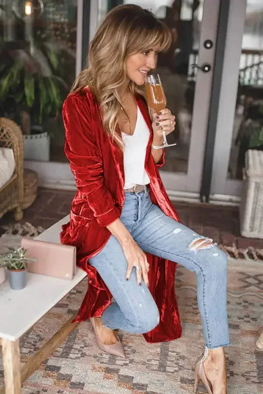 Velvet Open Front Pocketed Long Duster Cardigan Women UK