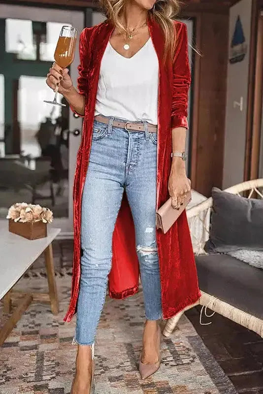 Velvet Open Front Pocketed Long Duster Cardigan Women UK