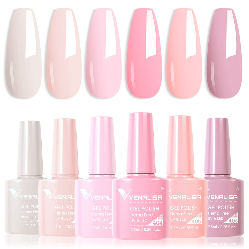 V VENALISA Hema-Free Pink Gel Nail Polish Set – 6 Nude Pink Colors, Soak-Off Gel Kit, LED Lamp for At-Home Manicure