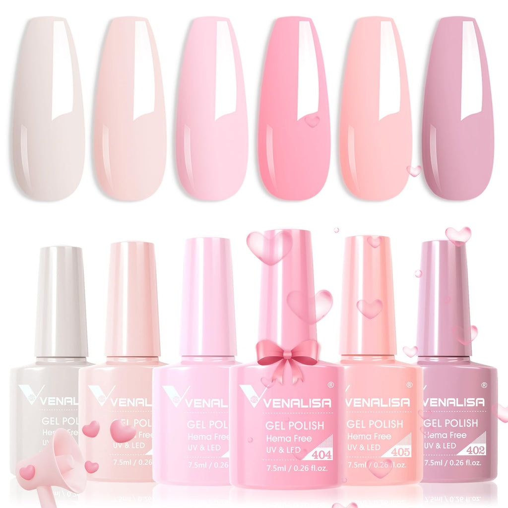 V VENALISA Hema-Free Pink Gel Nail Polish Set – 6 Nude Pink Colors, Soak-Off Gel Kit, LED Lamp for At-Home Manicure