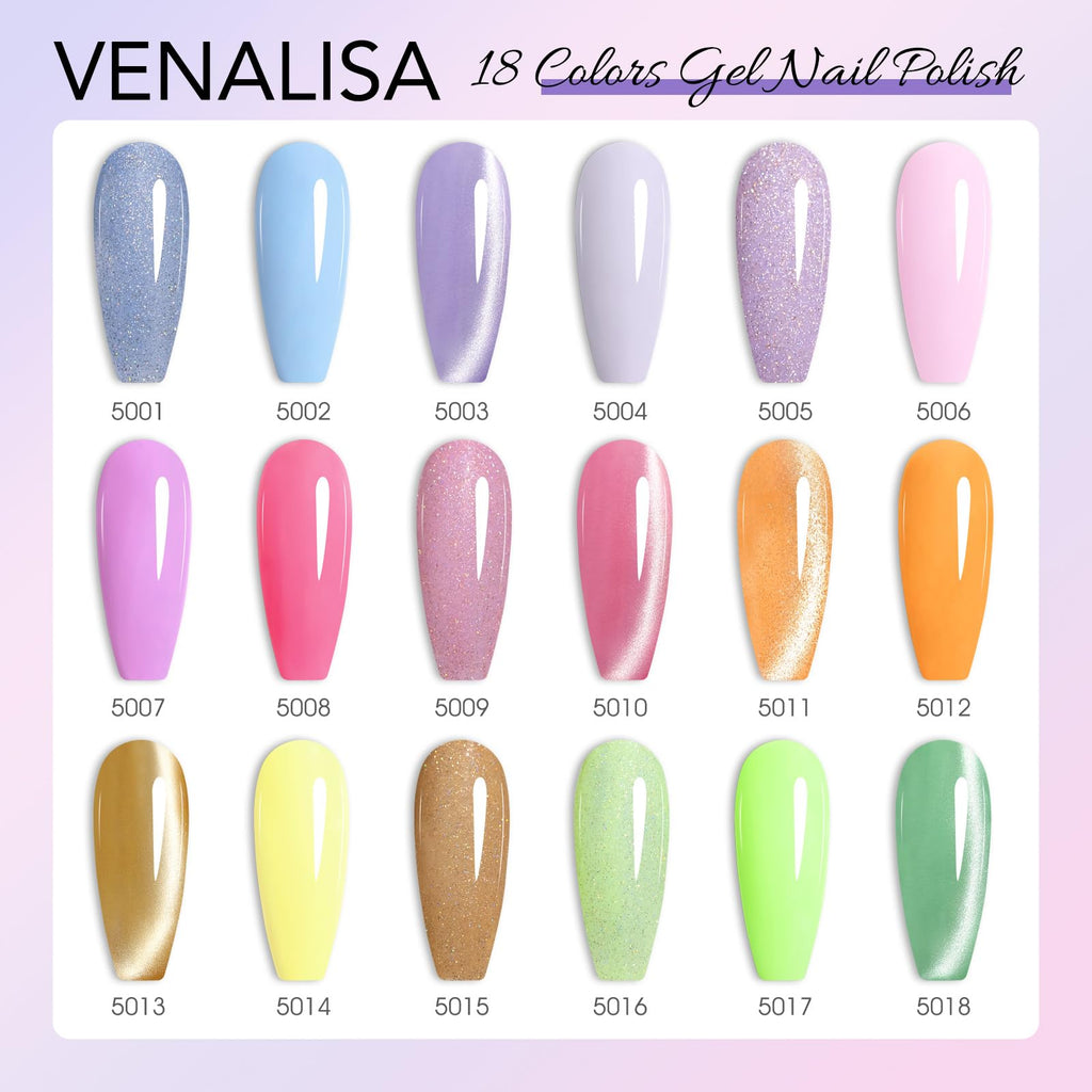 VENALISA V1 22-Pcs Cat Eye Gel Nail Polish Set – 18 Colors + Color Card, Glitter Blue Green Purple Kit for At-Home Manicure