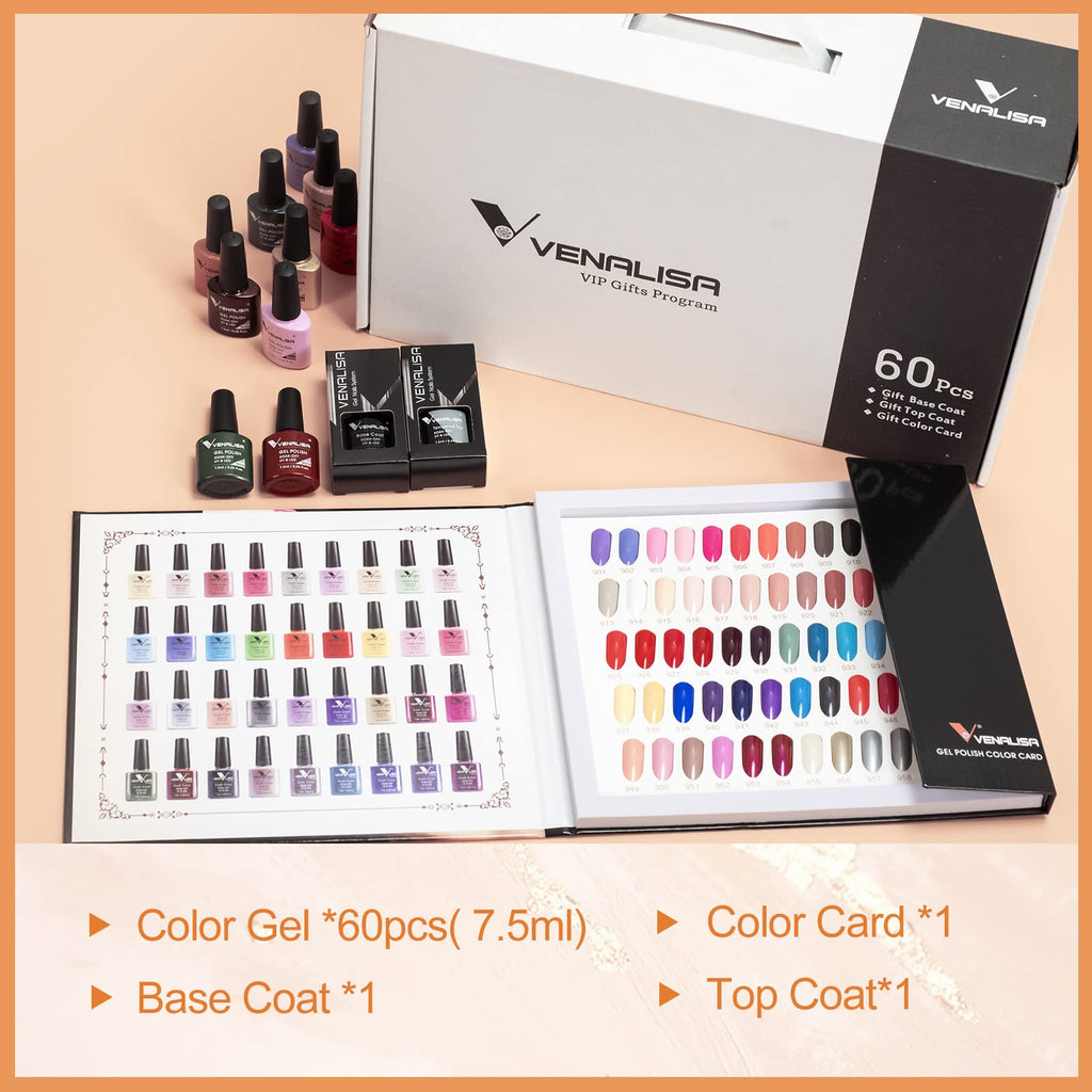 VENALISA VIP1 Set – 62 PCS Gel Nail Polish Kit (7.5ml) with Color Card, Base Coat & Top Coat | UV LED Soak Off Starter