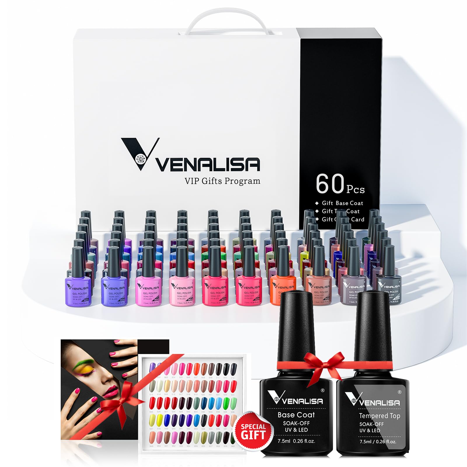 VENALISA VIP1 Set – 62 PCS Gel Nail Polish Kit (7.5ml) with Color Card, Base Coat & Top Coat | UV LED Soak Off Starter