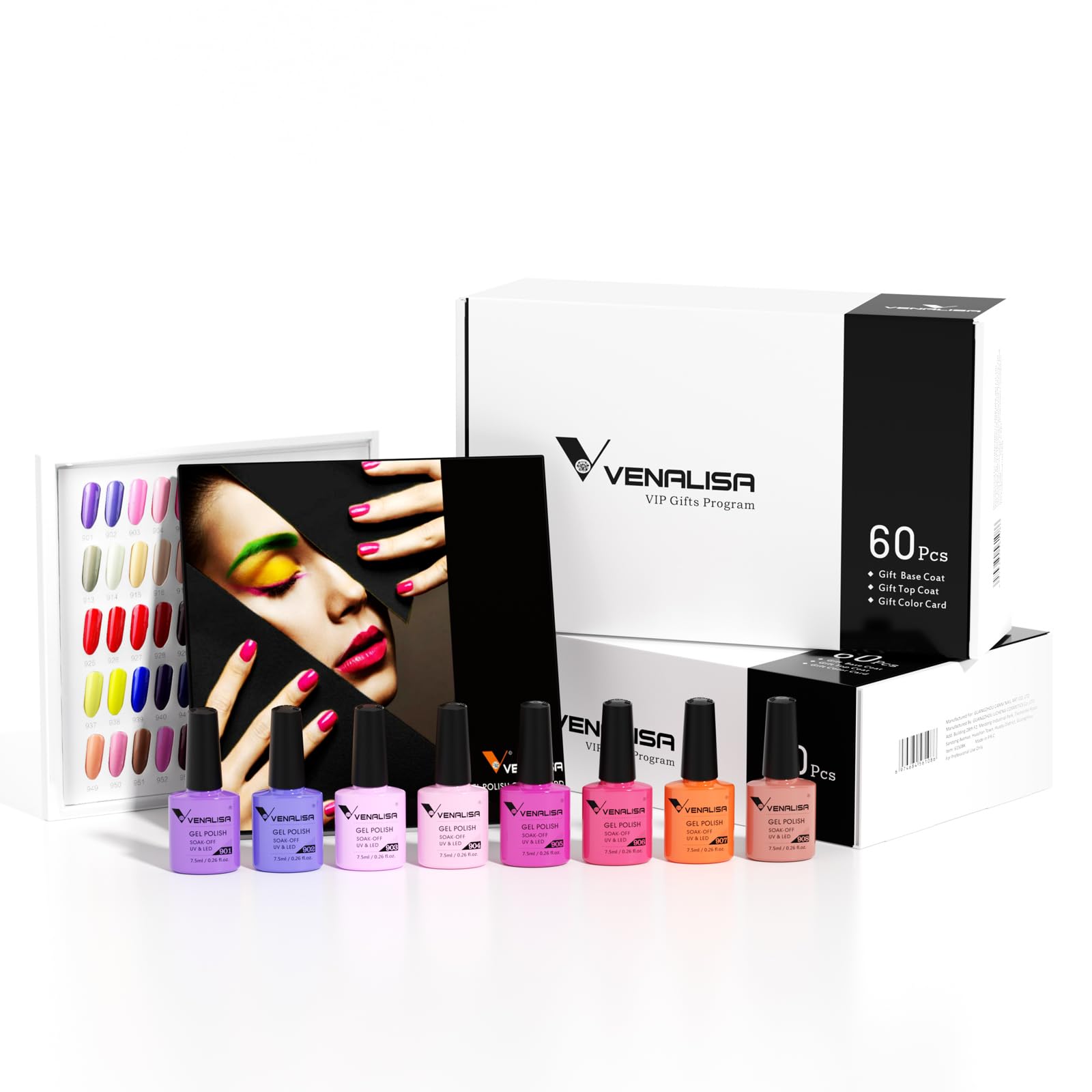 VENALISA VIP1 Set – 62 PCS Gel Nail Polish Kit (7.5ml) with Color Card, Base Coat & Top Coat | UV LED Soak Off Starter