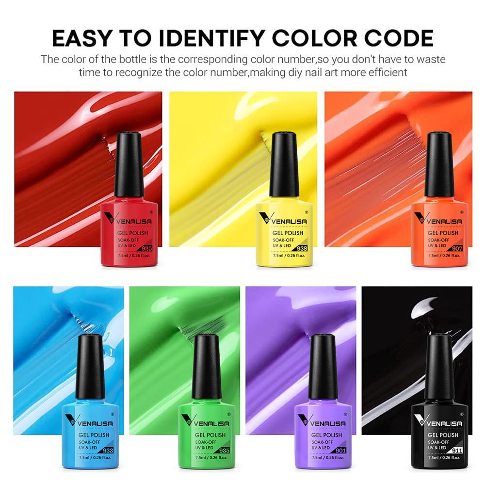 VENALISA VIP1 Set – 62 PCS Gel Nail Polish Kit (7.5ml) with Color Card, Base Coat & Top Coat | UV LED Soak Off Starter