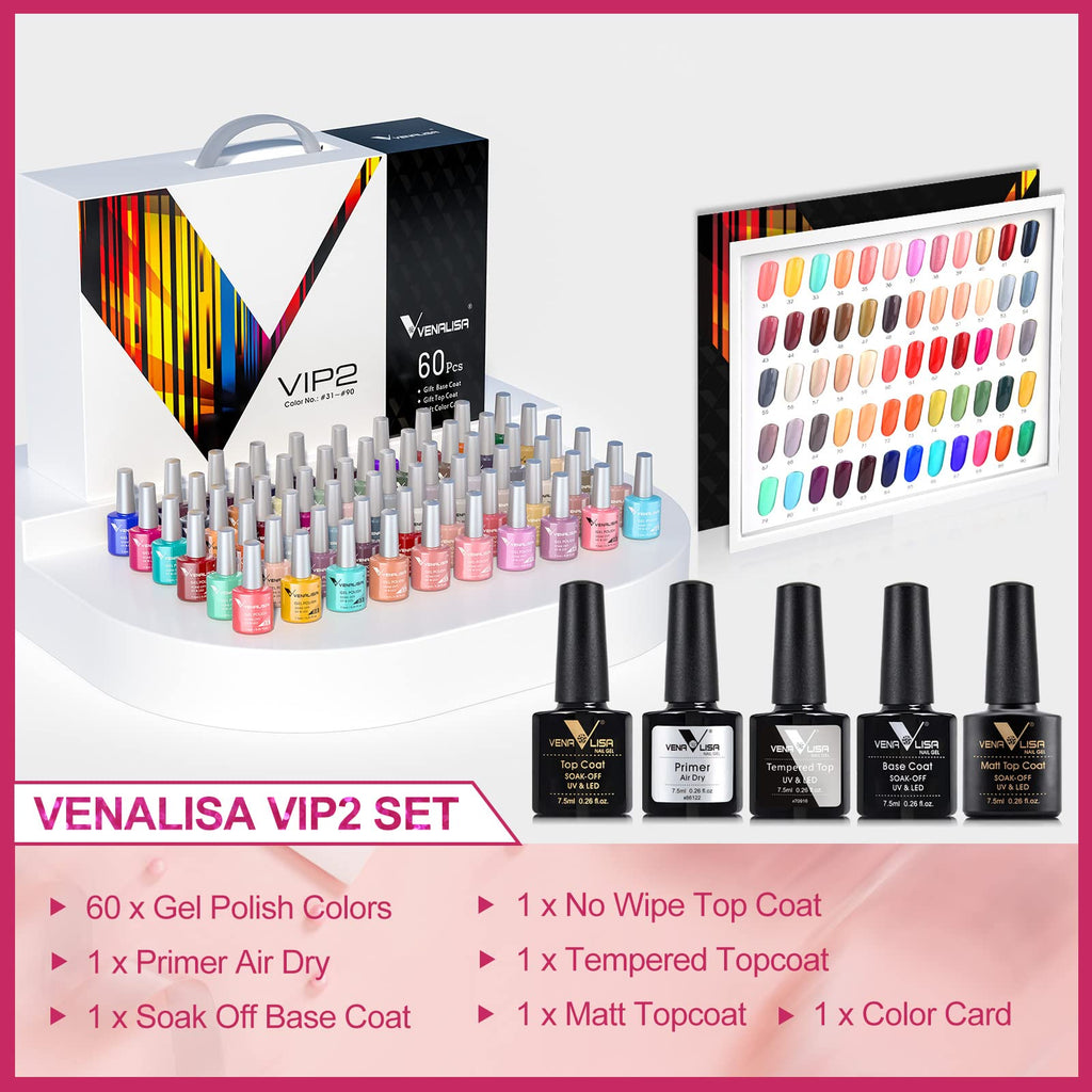 VENALISA VIP2 Gel Nail Polish Set: 60 Colors (7.5ml) + Base, Top, Matte & Color Card