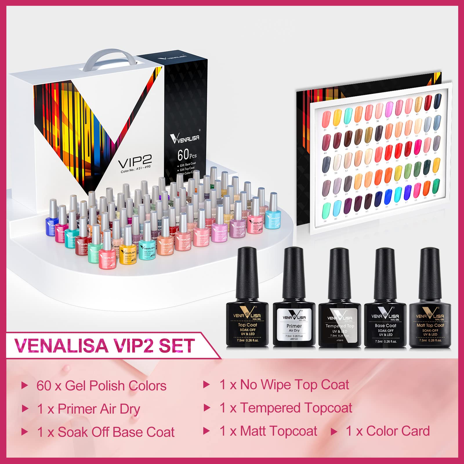 VENALISA VIP2 Gel Nail Polish Set: 60 Colors (7.5ml) + Base, Top, Matte & Color Card
