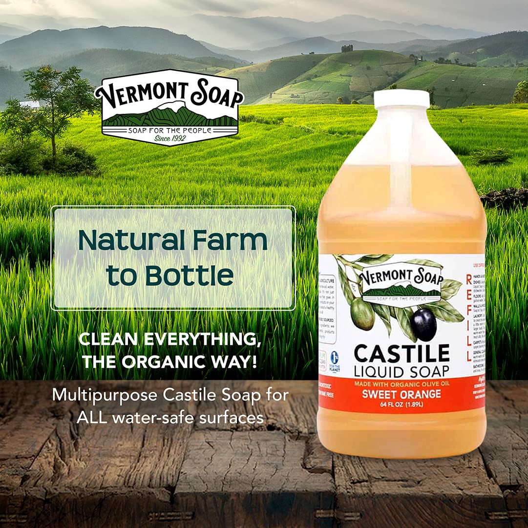 Vermont Pure Castile Soap Orange – Gentle Organic Body Wash & Oily Hair Shampoo (64 oz) | Vermont Soap