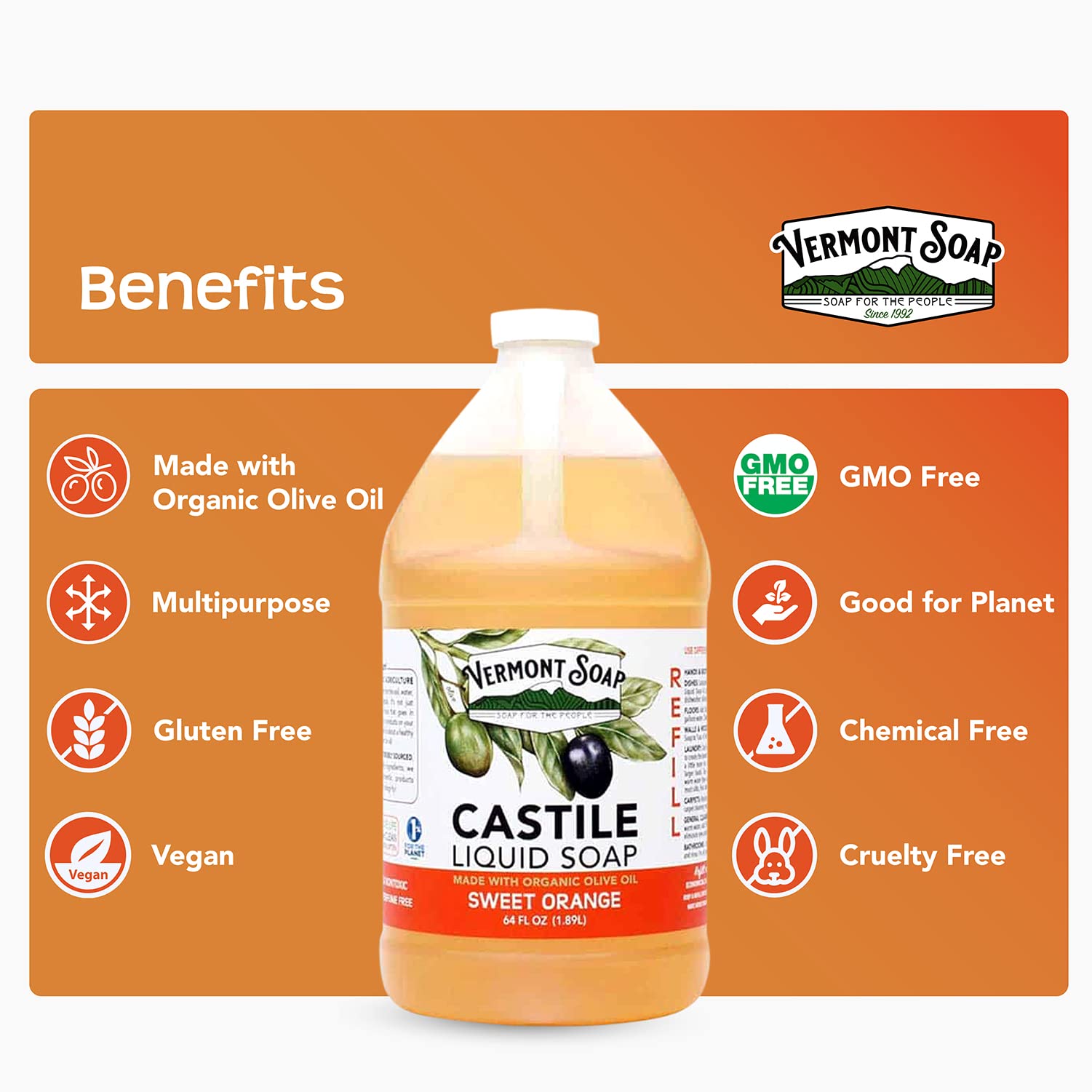 Vermont Pure Castile Soap Orange – Gentle Organic Body Wash & Oily Hair Shampoo (64 oz) | Vermont Soap