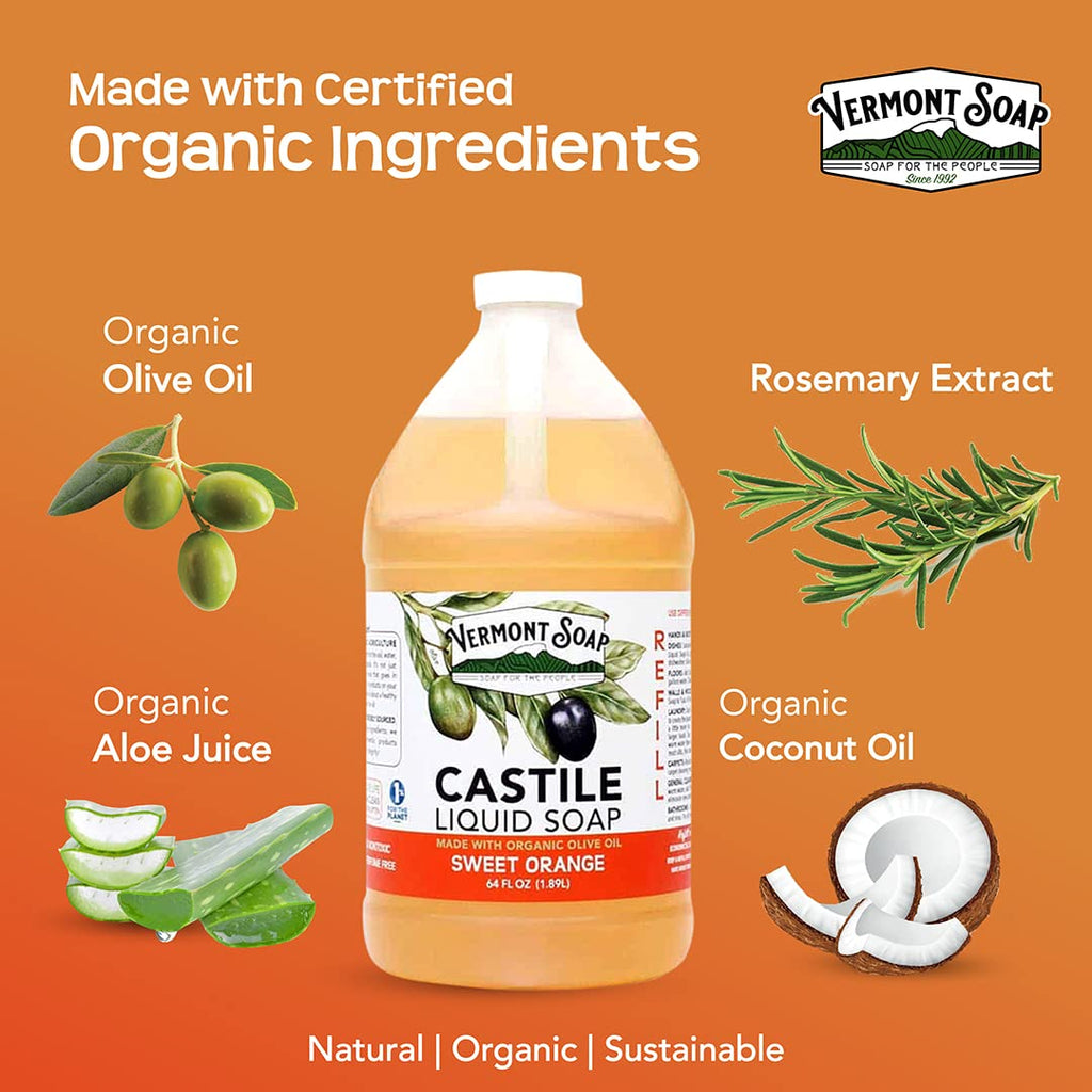 Vermont Pure Castile Soap Orange – Gentle Organic Body Wash & Oily Hair Shampoo (64 oz) | Vermont Soap
