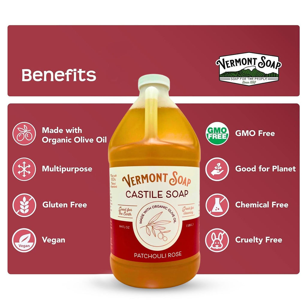 Vermont Castile Soap Patchouli Rose | Gentle Liquid Soap for Sensitive Skin, Body Wash & Oily Hair – 64 oz