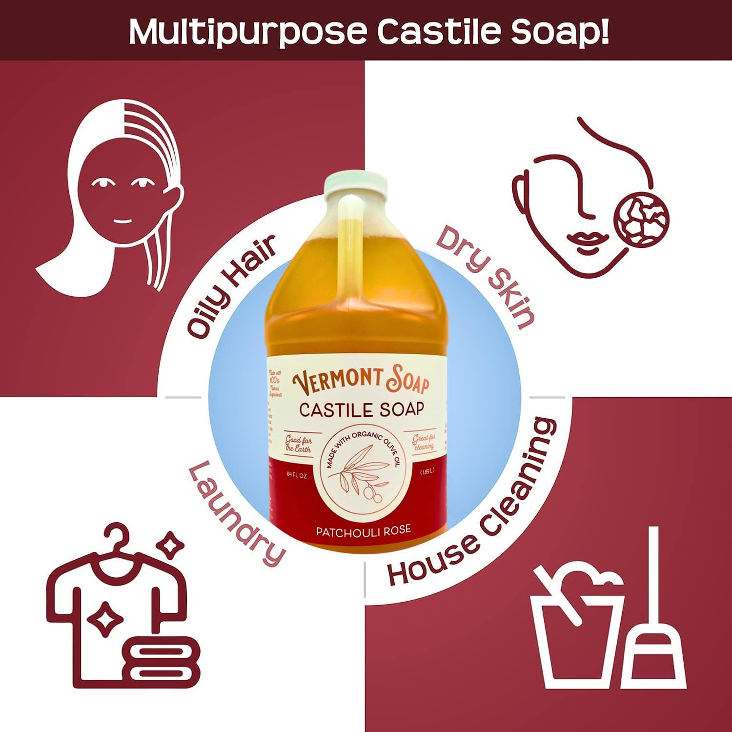Vermont Castile Soap Patchouli Rose | Gentle Liquid Soap for Sensitive Skin, Body Wash & Oily Hair – 64 oz