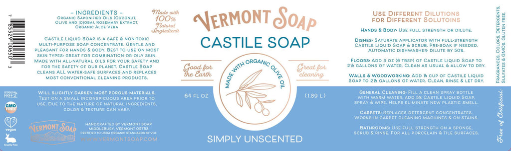 Vermont Castile Soap Unscented – Gentle Organic Liquid Soap for Skin, Hair & Home (64 oz)