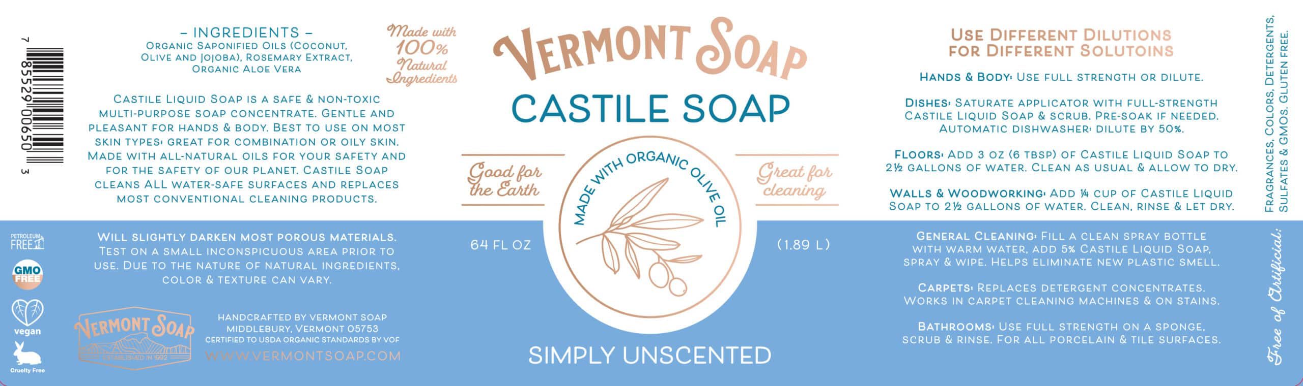Vermont Castile Soap Unscented – Gentle Organic Liquid Soap for Skin, Hair & Home (64 oz)