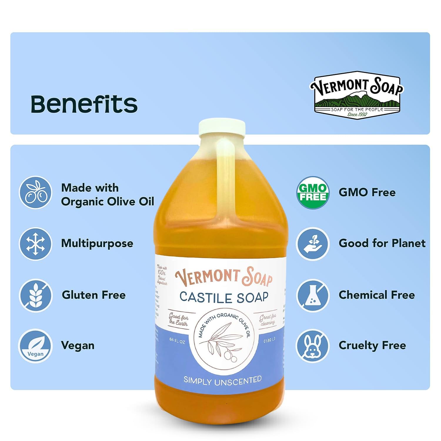 Vermont Castile Soap Unscented – Gentle Organic Liquid Soap for Skin, Hair & Home (64 oz)