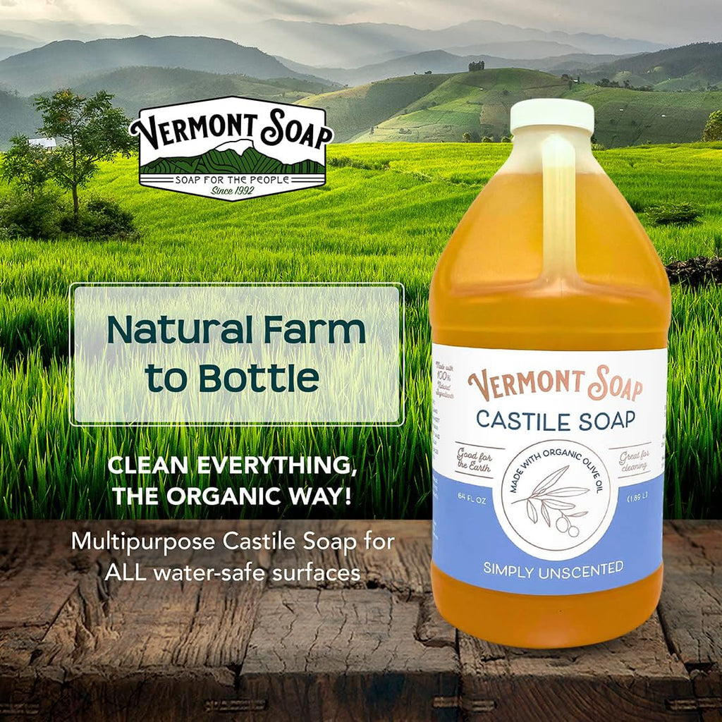 Vermont Castile Soap Unscented – Gentle Organic Liquid Soap for Skin, Hair & Home (64 oz)