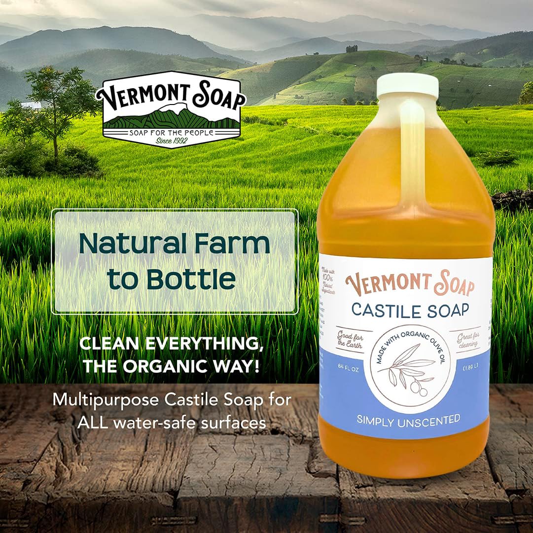 Vermont Castile Soap Unscented – Gentle Organic Liquid Soap for Skin, Hair & Home (64 oz)