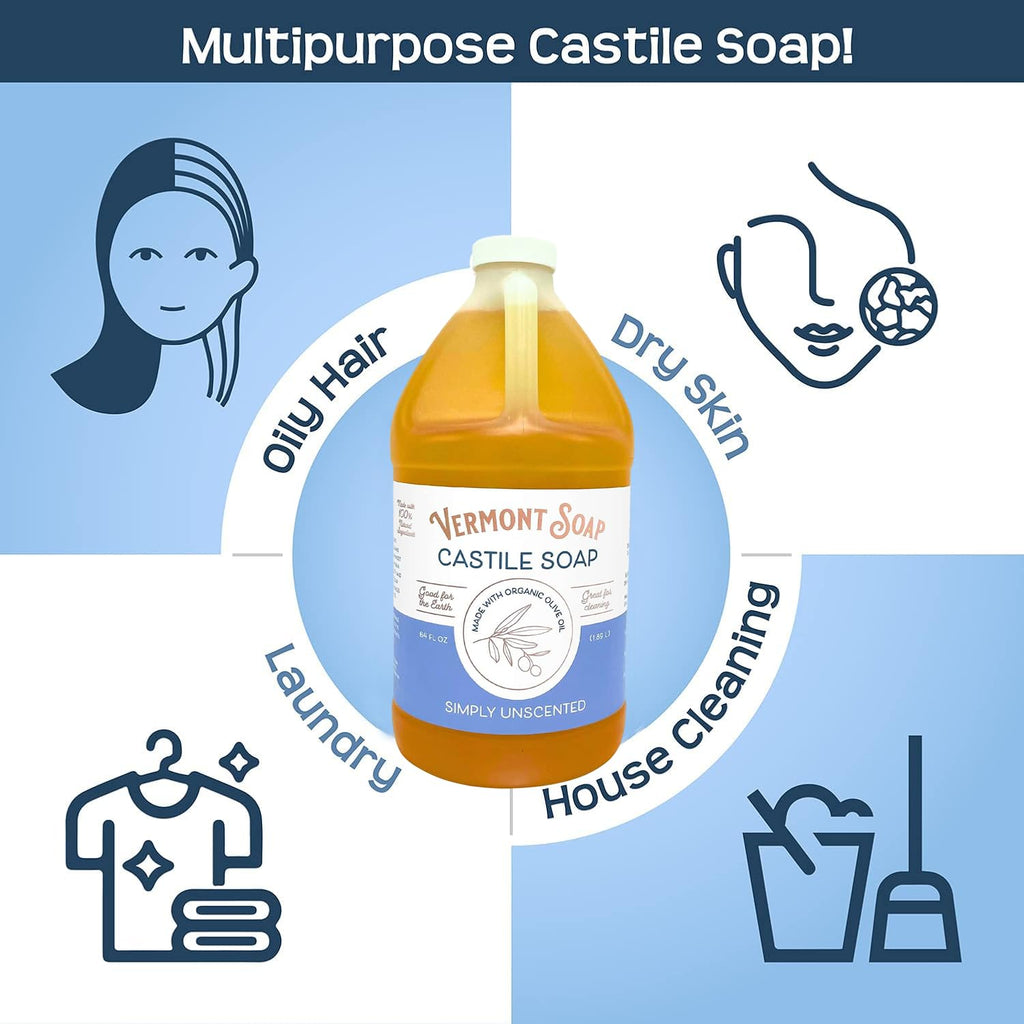 Vermont Castile Soap Unscented – Gentle Organic Liquid Soap for Skin, Hair & Home (64 oz)