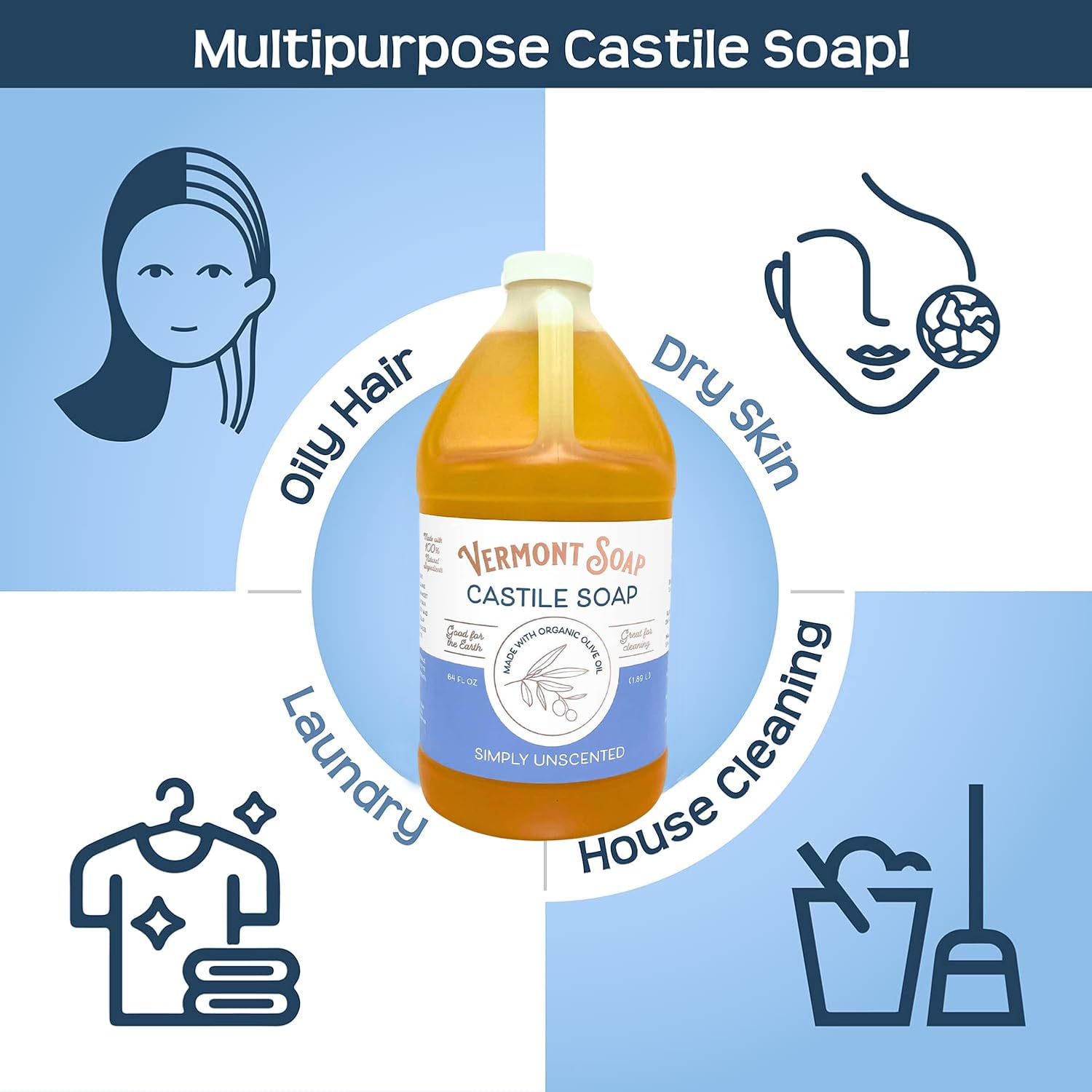 Vermont Castile Soap Unscented – Gentle Organic Liquid Soap for Skin, Hair & Home (64 oz)
