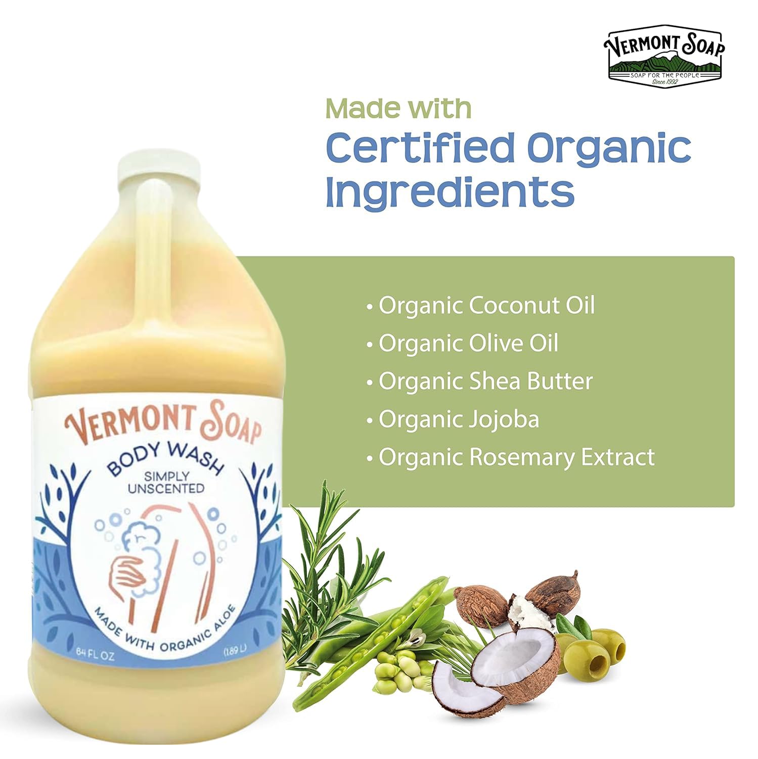 VERMONT SOAP Body Wash – Simply Unscented, 64 oz, USDA Organic, Moisturizing & Gentle