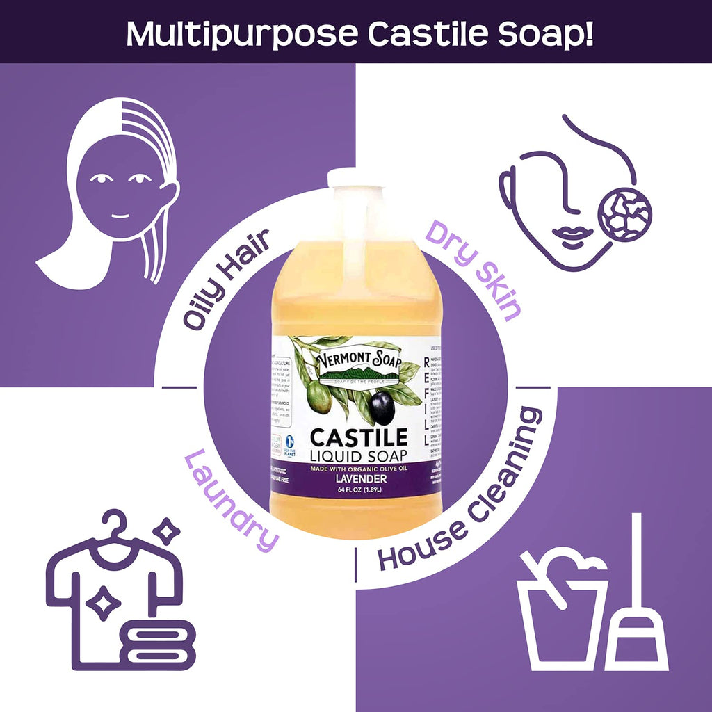 Vermont Soap Lavender Castile Soap – Gentle Organic Liquid Soap for Sensitive Skin & Hair | 64 oz