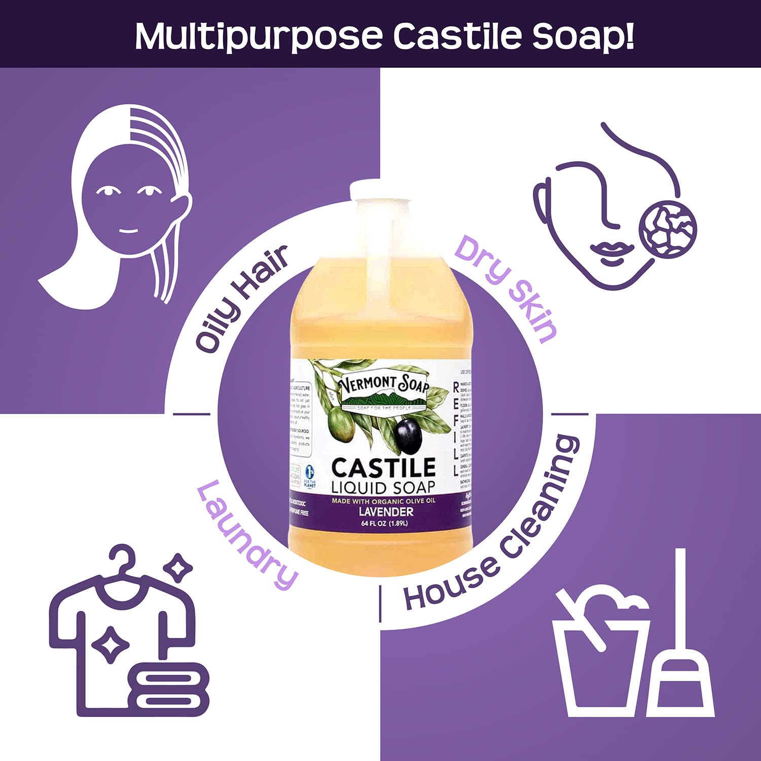Vermont Soap Lavender Castile Soap – Gentle Organic Liquid Soap for Sensitive Skin & Hair | 64 oz