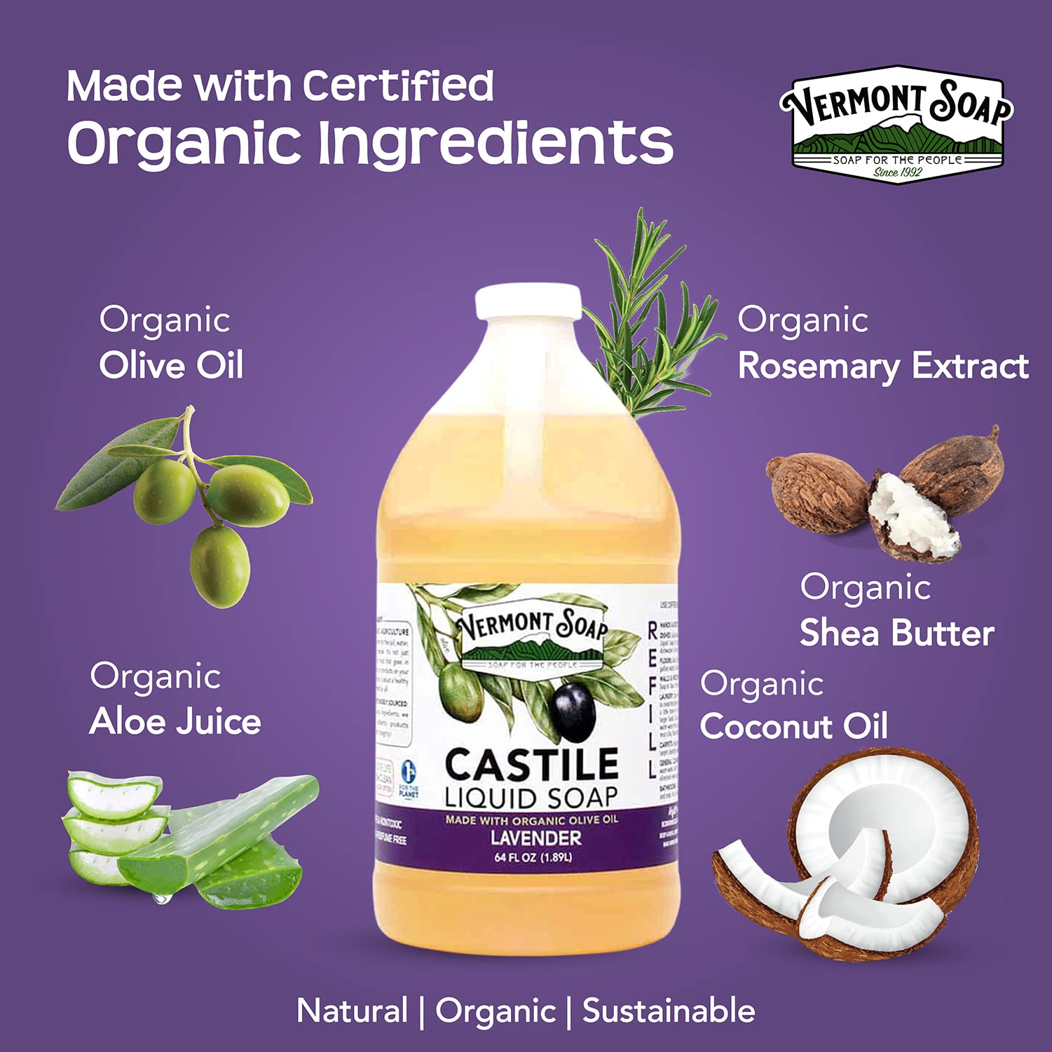 Vermont Soap Lavender Castile Soap – Gentle Organic Liquid Soap for Sensitive Skin & Hair | 64 oz