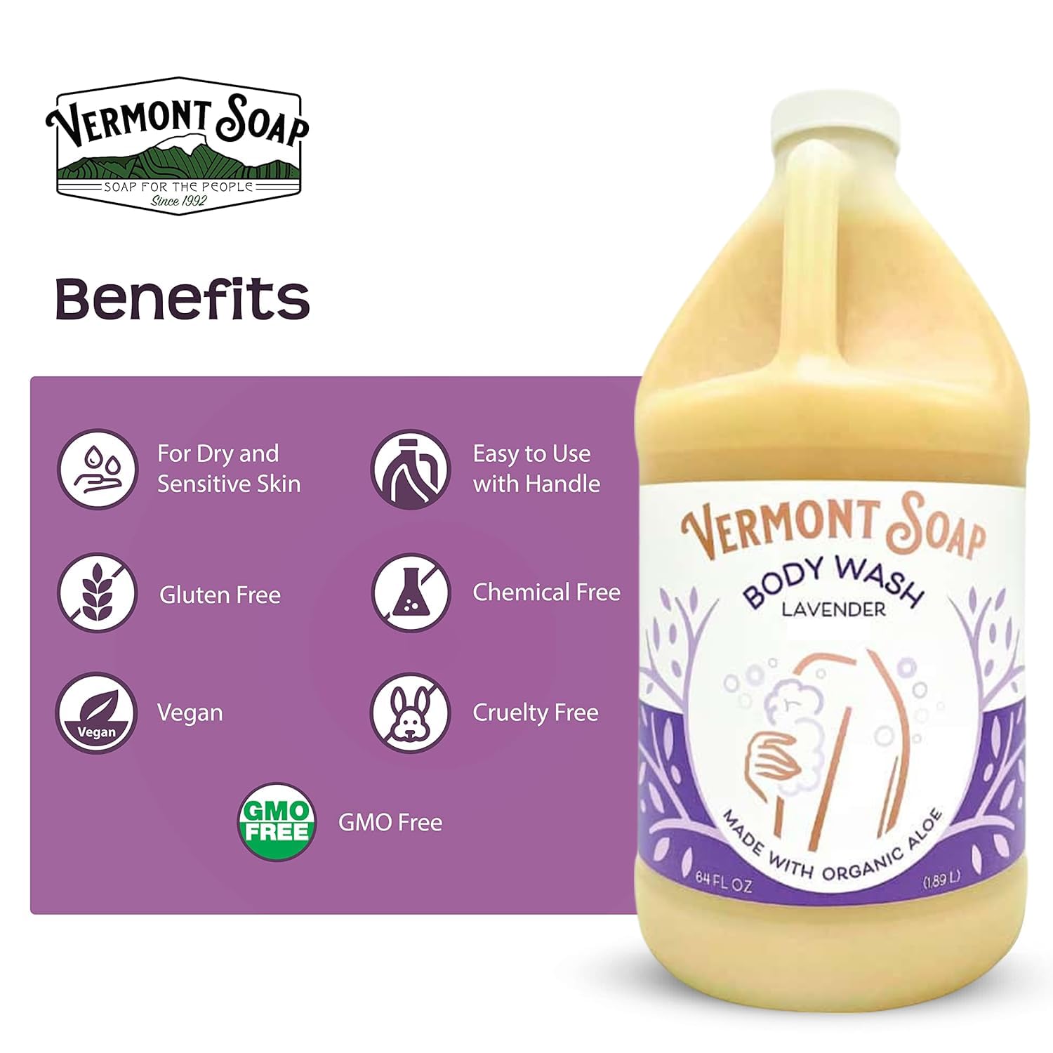 VERMONT SOAP Natural Body Wash with Shea Butter – Unscented, 64 oz