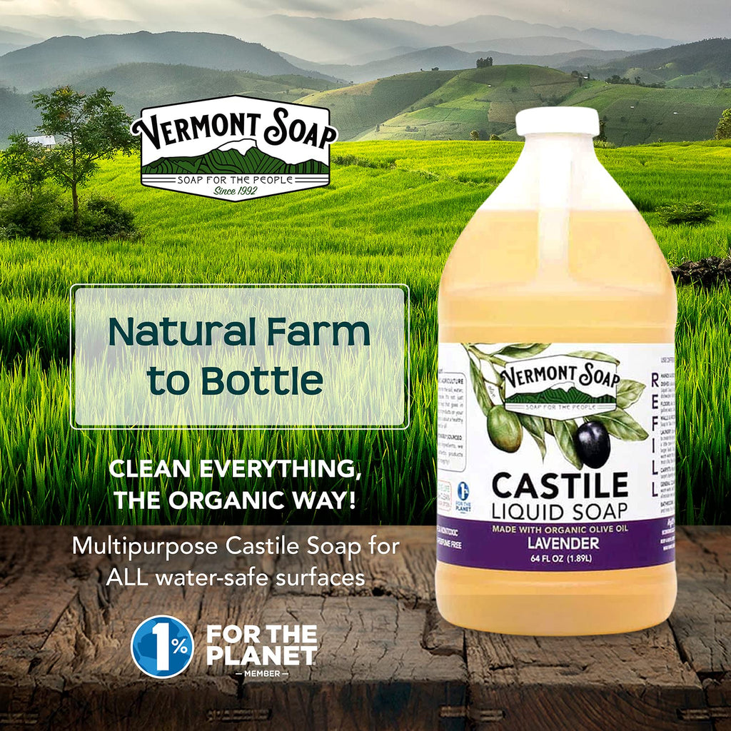 Vermont Soap Lavender Castile Soap – Gentle Organic Liquid Soap for Sensitive Skin & Hair | 64 oz