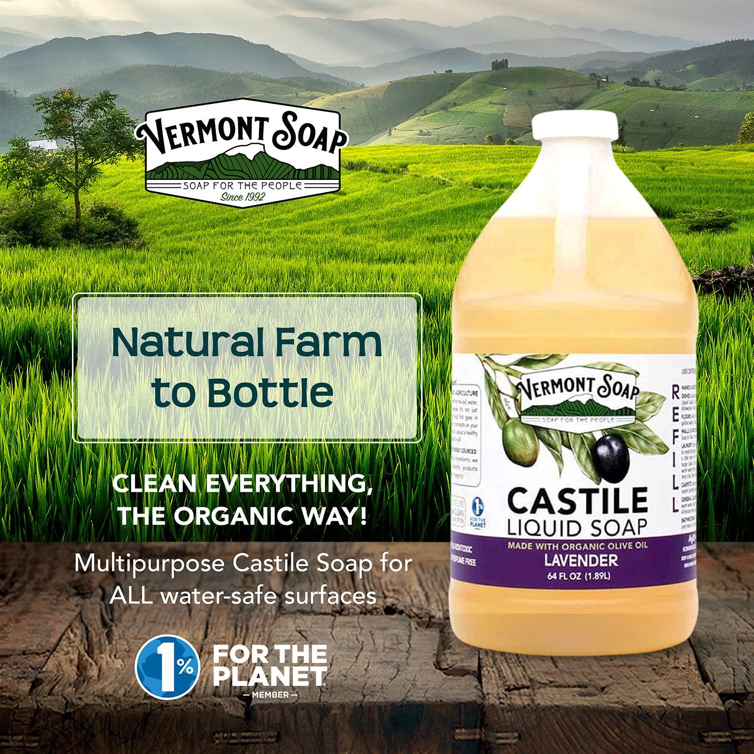 Vermont Soap Lavender Castile Soap – Gentle Organic Liquid Soap for Sensitive Skin & Hair | 64 oz