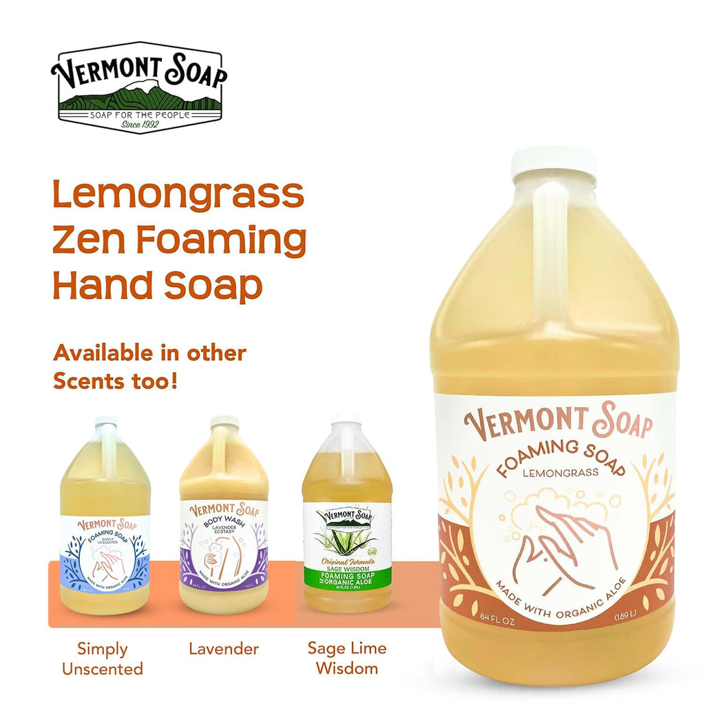 VERMONT SOAP Lemongrass Zen Foaming Hand Soap – Fragrance-Free, Moisturizing, 64 oz