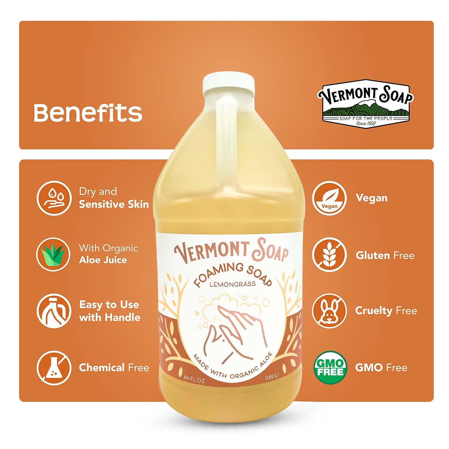 VERMONT SOAP Lemongrass Zen Foaming Hand Soap – Fragrance-Free, Moisturizing, 64 oz
