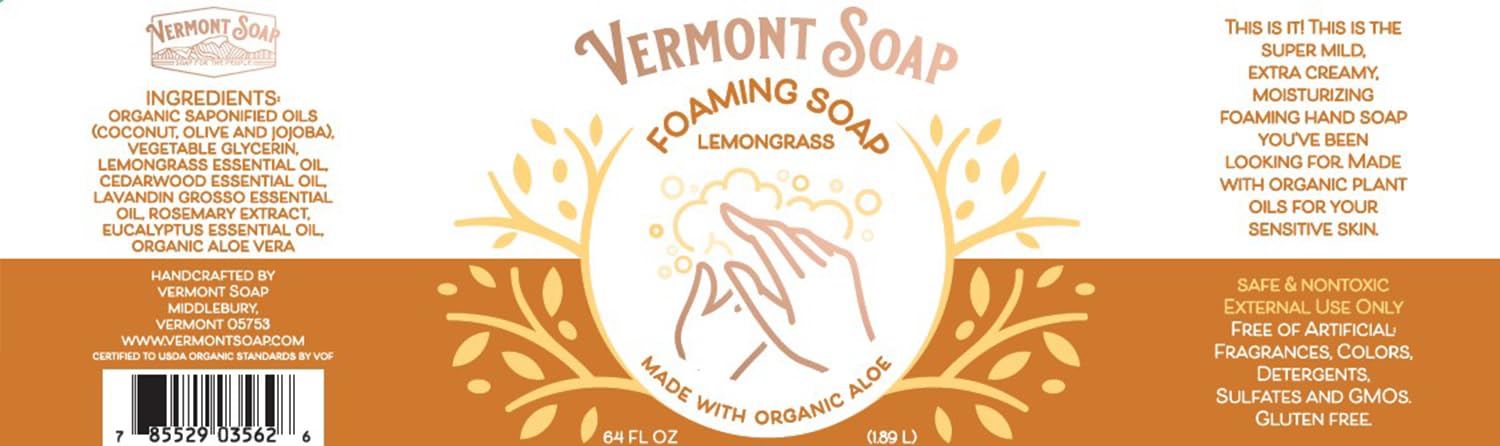 VERMONT SOAP Lemongrass Zen Foaming Hand Soap – Fragrance-Free, Moisturizing, 64 oz