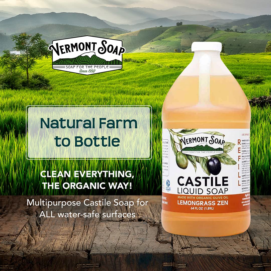 Vermont Castile Lemongrass Zen Soap – Gentle Liquid Soap for Sensitive Skin, Body Wash & Oily Hair Shampoo (64 oz)