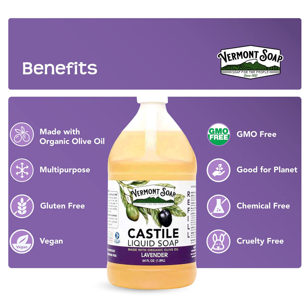 Vermont Soap Lavender Castile Soap – Gentle Organic Liquid Soap for Sensitive Skin & Hair | 64 oz