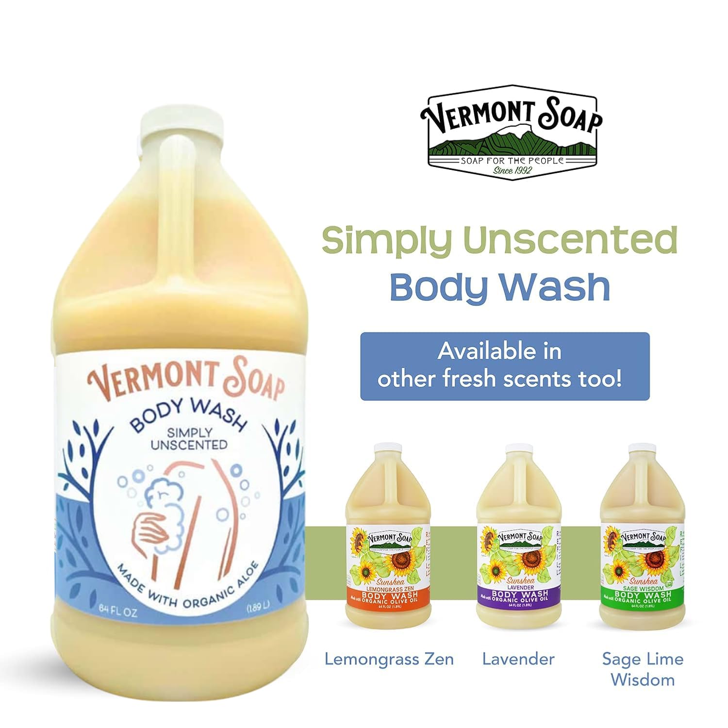 VERMONT SOAP Body Wash – Simply Unscented, 64 oz, USDA Organic, Moisturizing & Gentle