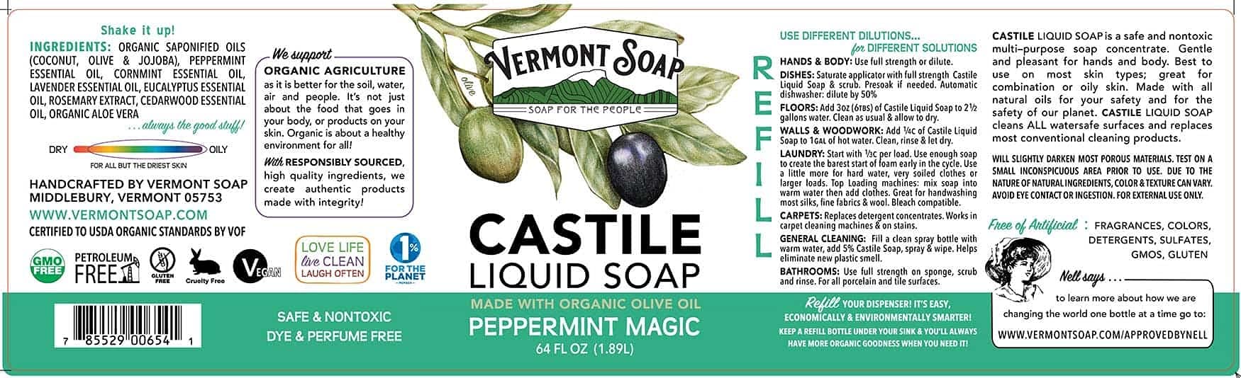 Vermont Soap Vermont Castile Peppermint - Gentle Liquid Soap for Sensitive Skin, Organic Hair Shampoo for Oily Hair, 64 oz