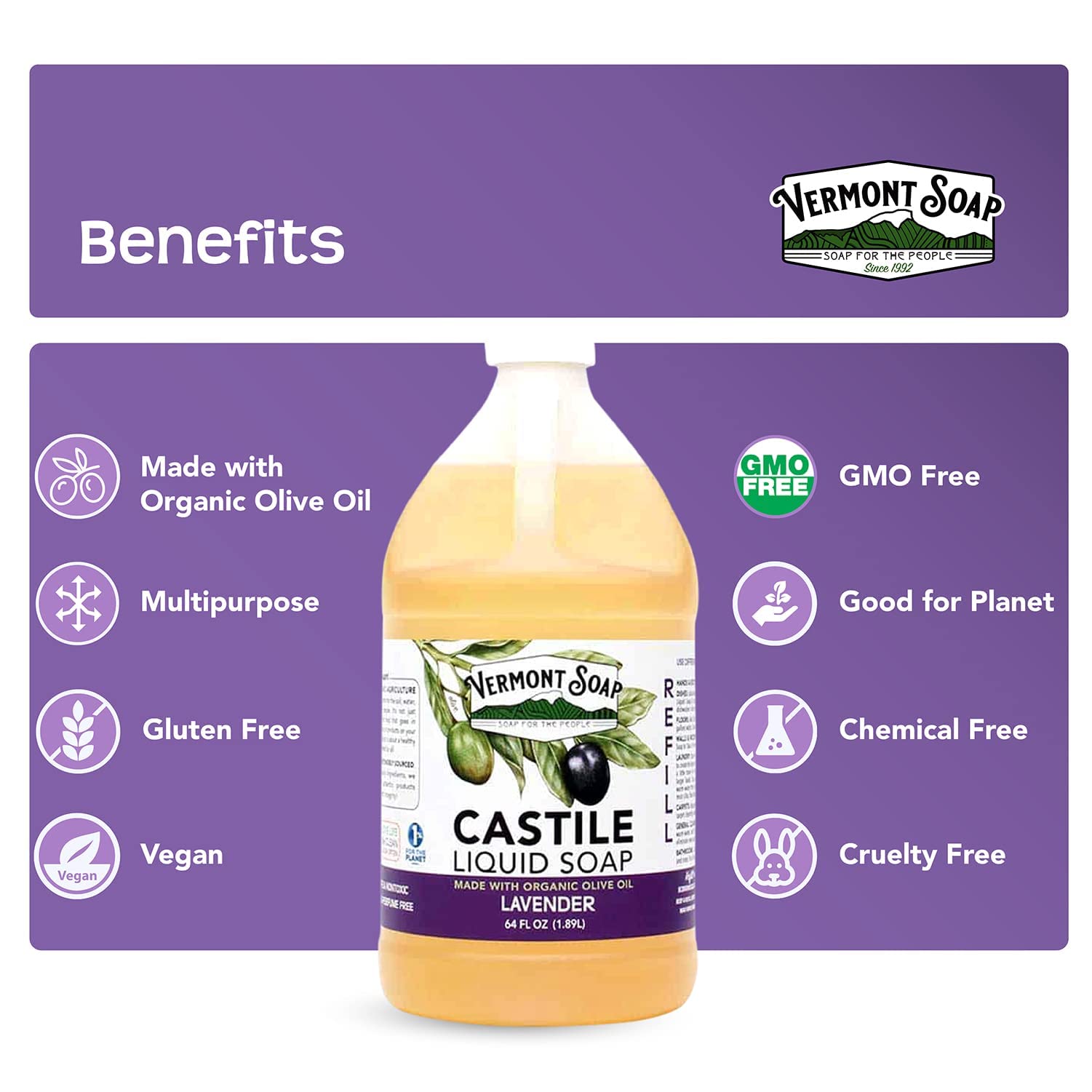 Vermont Soap Lavender Castile Soap – Gentle Organic Liquid Soap for Sensitive Skin & Hair | 64 oz