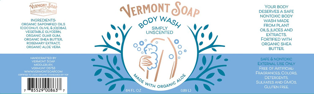 VERMONT SOAP Body Wash – Simply Unscented, 64 oz, USDA Organic, Moisturizing & Gentle
