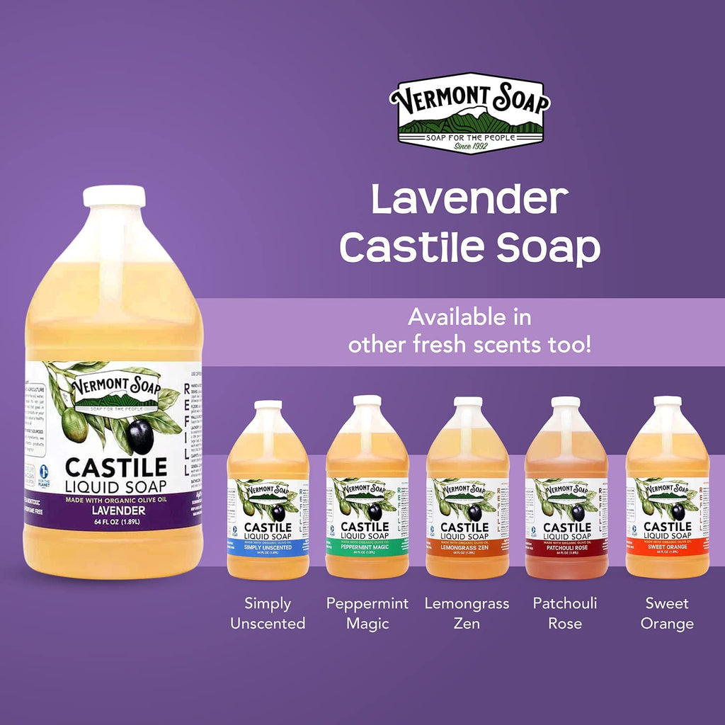 Vermont Soap Lavender Castile Soap – Gentle Organic Liquid Soap for Sensitive Skin & Hair | 64 oz