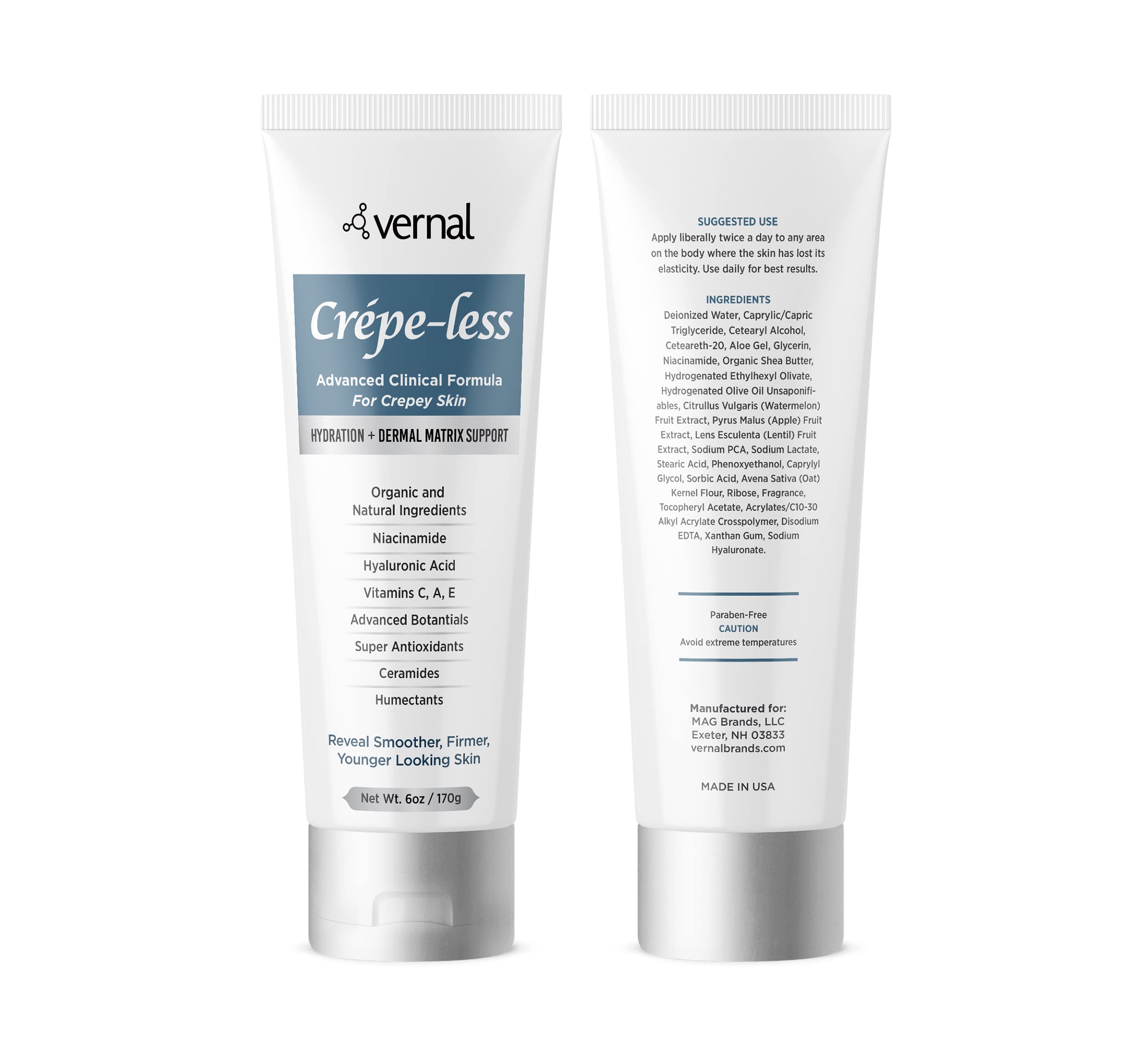 Vernal Crepe-less Skin Firming Cream – Crepey Arms, Neck & Hands | Organic Body Moisturizer, Made in USA (6 oz)